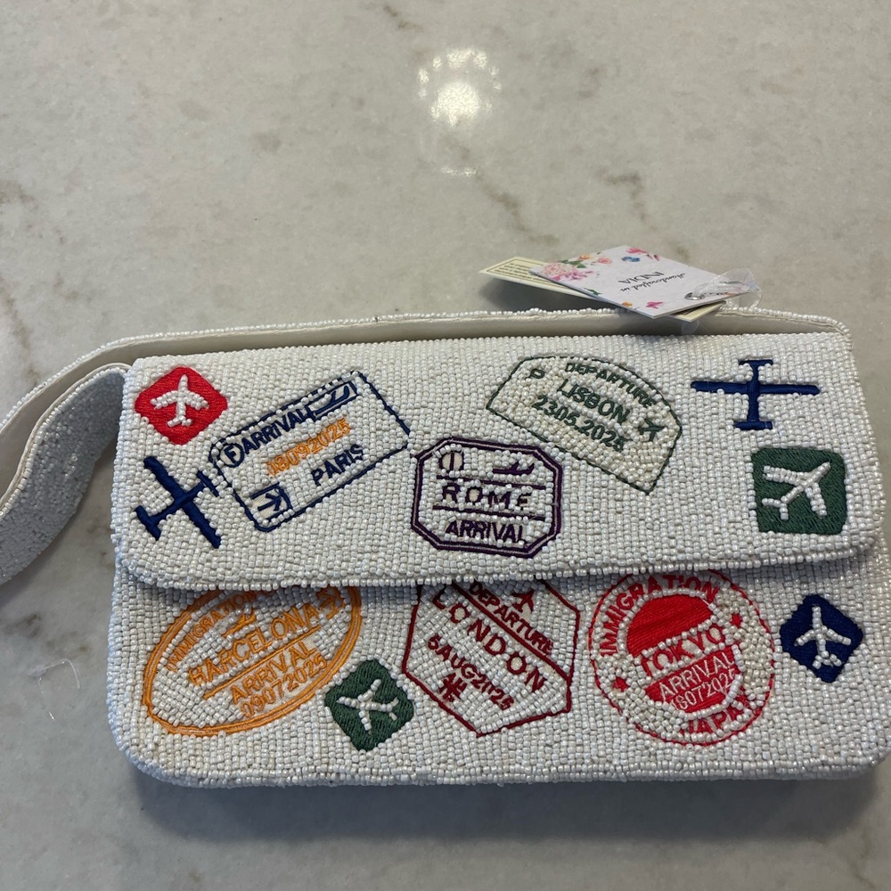 Beaded Travel Stamp Clutch - White